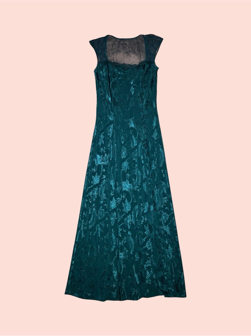 Vintage Long Green Floral Mesh Nightgown Slip Dress
